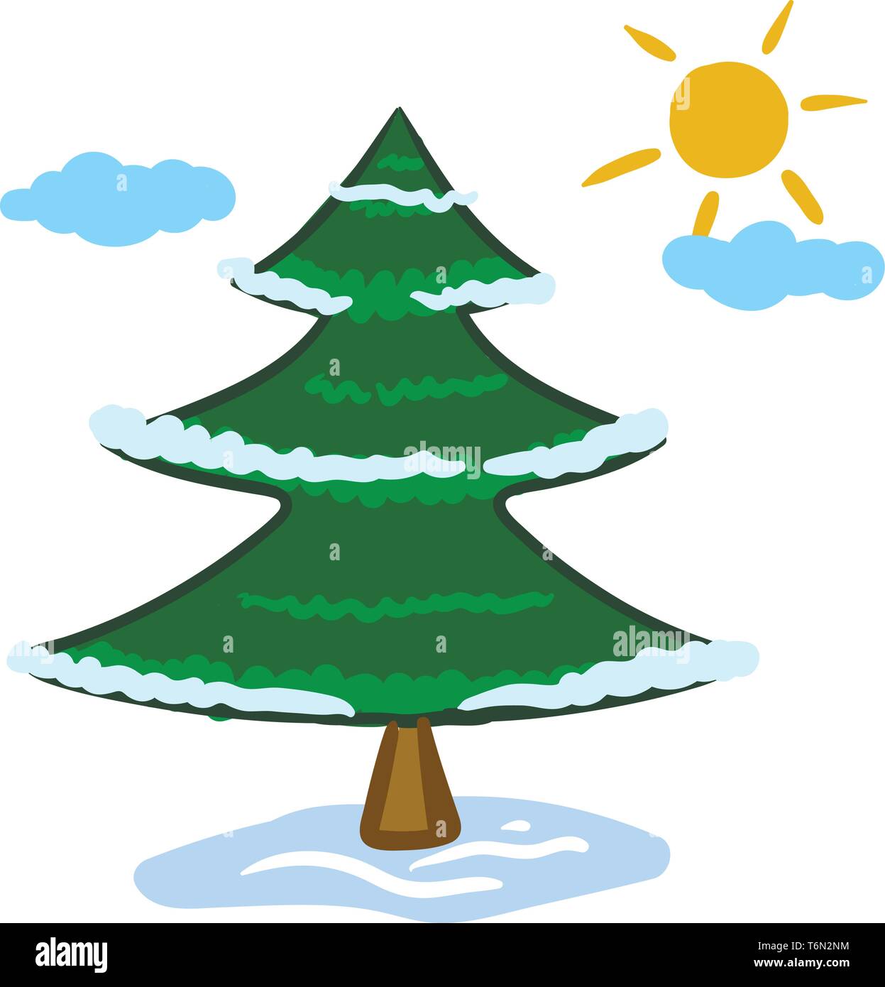 Clipart di una diffusa di conifere albero verde con un segno distintivo di forma conica e coni pendenti raggiungere in alto il cielo con poche nuvole e un crescente s Illustrazione Vettoriale