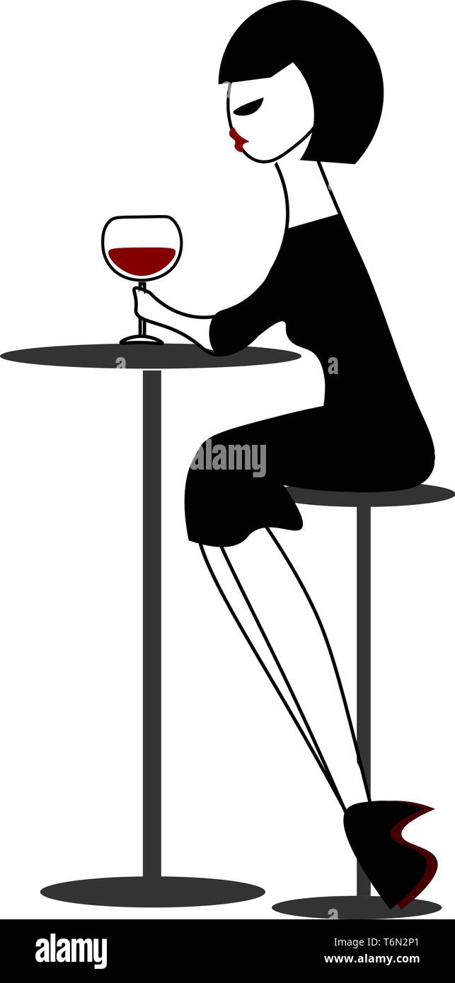 Clipart di una donna in un vestito nero bevande Vino rosso da un elegante party vetreria potabile mentre è seduto sulla sedia del round tavolino ve Illustrazione Vettoriale