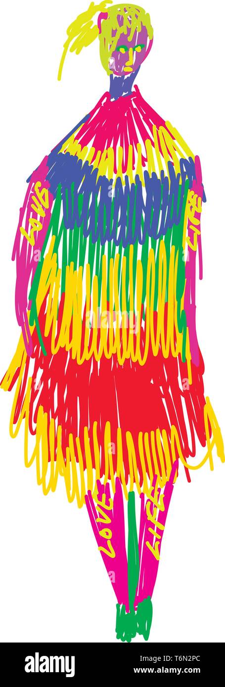 Opere d'arte psichedelica di una donna in matite di colore è in piedi mani e gambe scritto con giallo-matite colorate come amare la vita del vettore di disegno a colori o Illustrazione Vettoriale