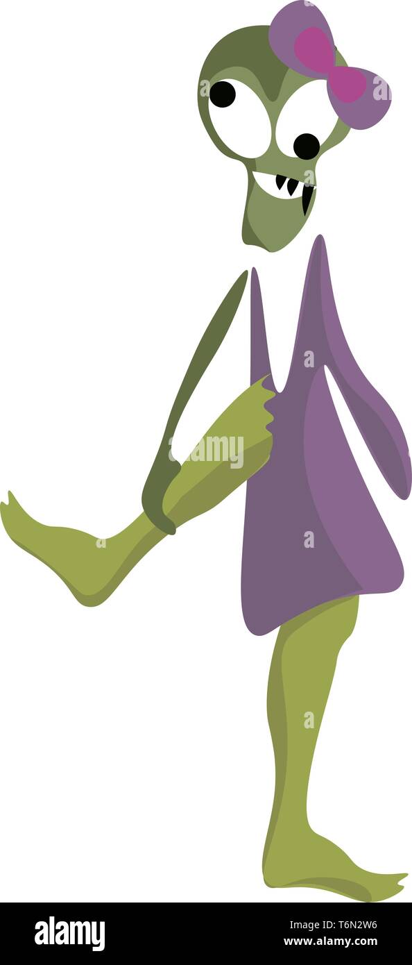 Una ragazza di zombie in un color porpora tonaca e un color porpora bow-come il nastro sul suo capo sorge in un piede e porta gli altri nella sua mano destra Illustrazione Vettoriale
