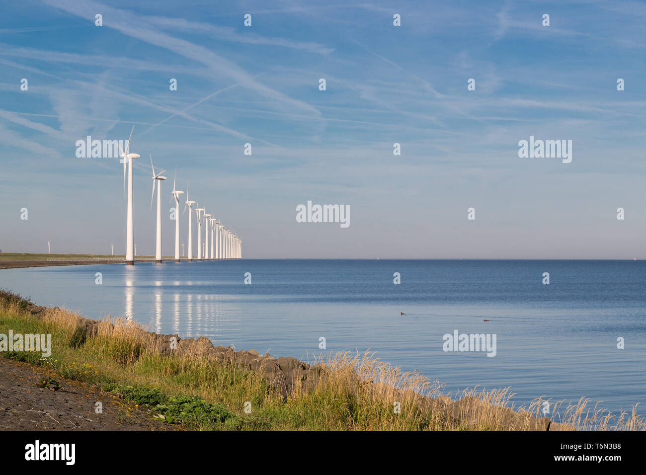 Lunga fila off shore turbine eoliche in mare olandese Foto Stock