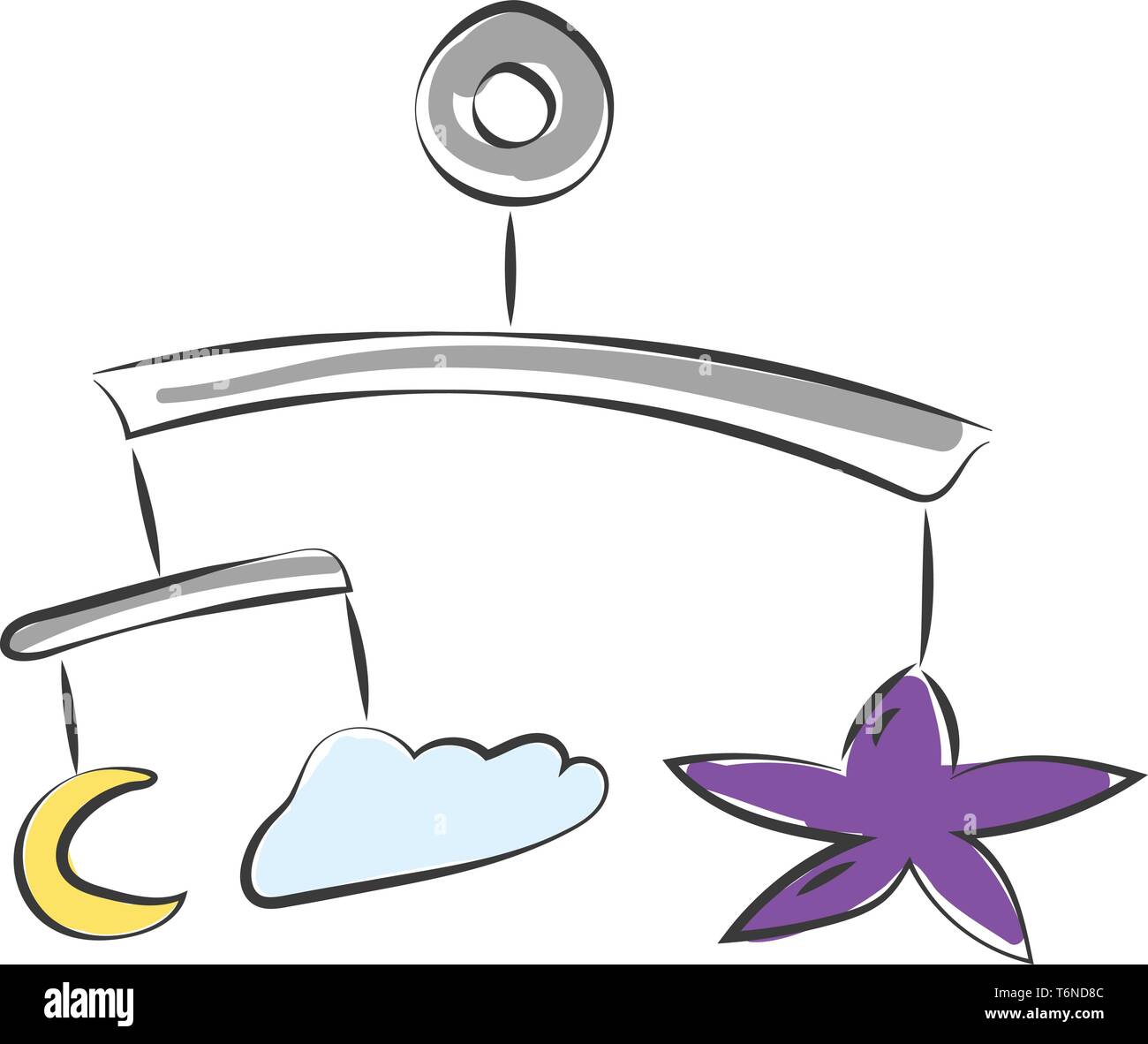 Appeso un Baby toy con piccole forme di luna stella cloud sul vettore che il colore di disegno o illustrazione Illustrazione Vettoriale