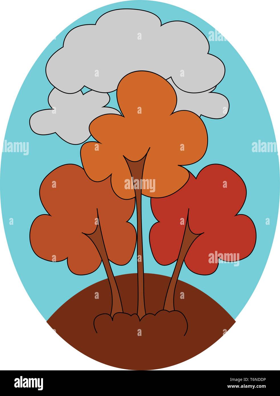 Clipart della stagione autunnale su sfondo blu dove i tre alberi hanno cambiato al marrone e stare in alto il cielo del vettore di disegno a colori o illu Illustrazione Vettoriale