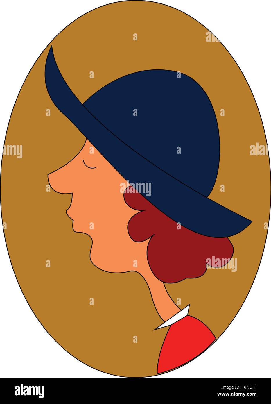 Ritratto di una ragazza in un estate blu hat su sfondo marrone sembra triste mentre gli occhi vettoriale chiuso il colore di disegno o illustrazione Illustrazione Vettoriale