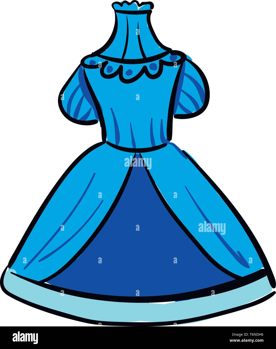 Una vetrina colorato di blu abito con scollatura rotonda design e manicotti estesa è con contrasto pannellata tubazioni cucito un dettagliato su retro bianco Illustrazione Vettoriale