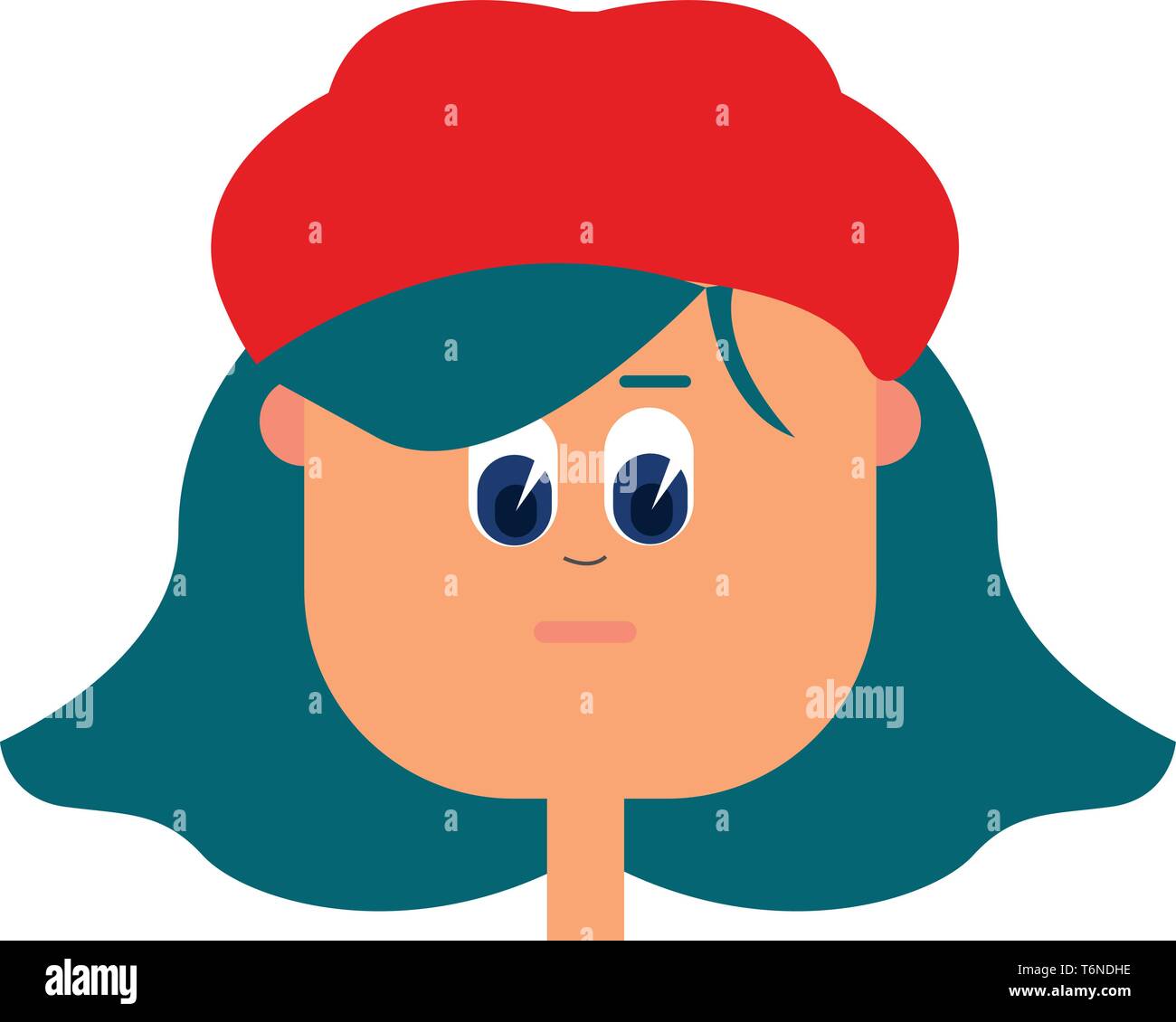 Cartoon ragazza in un Red Hat capelli blu e gli occhi blu rotolato giù esprimere la tristezza del vettore di disegno a colori o illustrazione Illustrazione Vettoriale