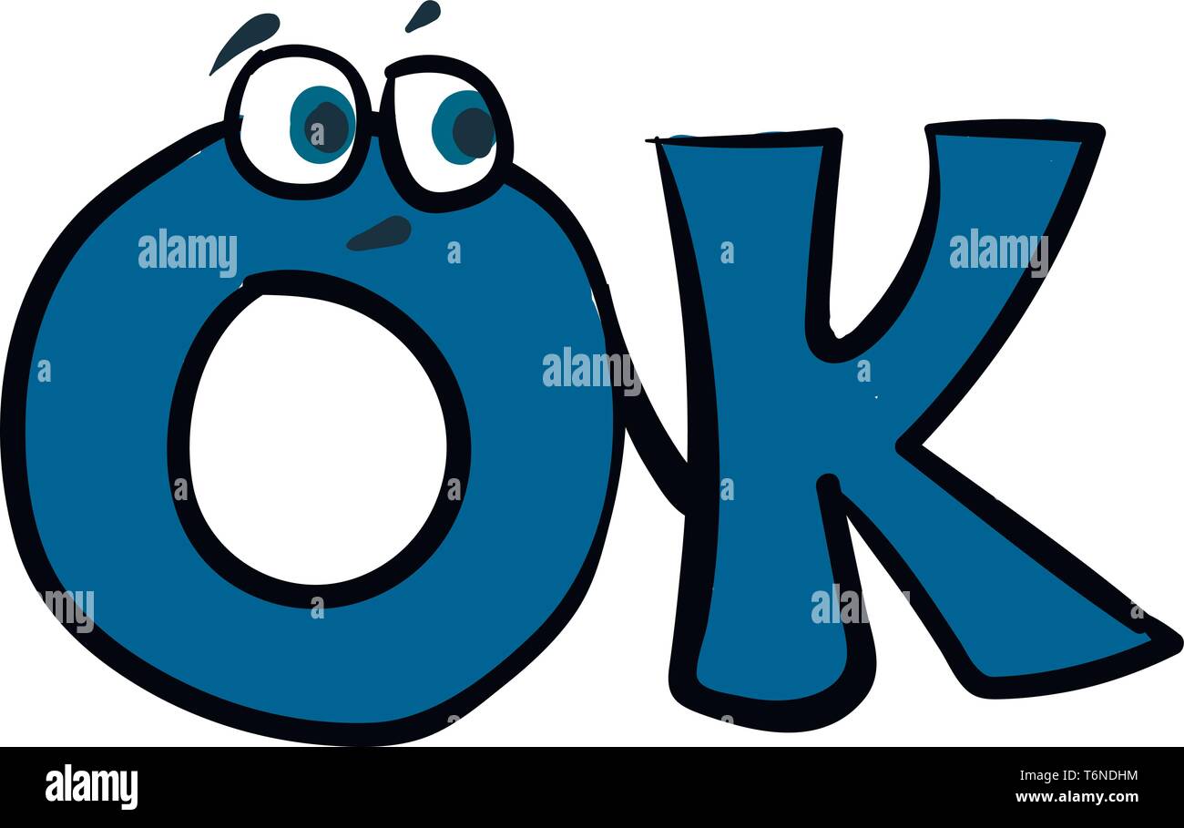 Gli Emoji della parola OK in blu con due occhi dà una sorprendente vettore di guardare il colore di disegno o illustrazione Illustrazione Vettoriale