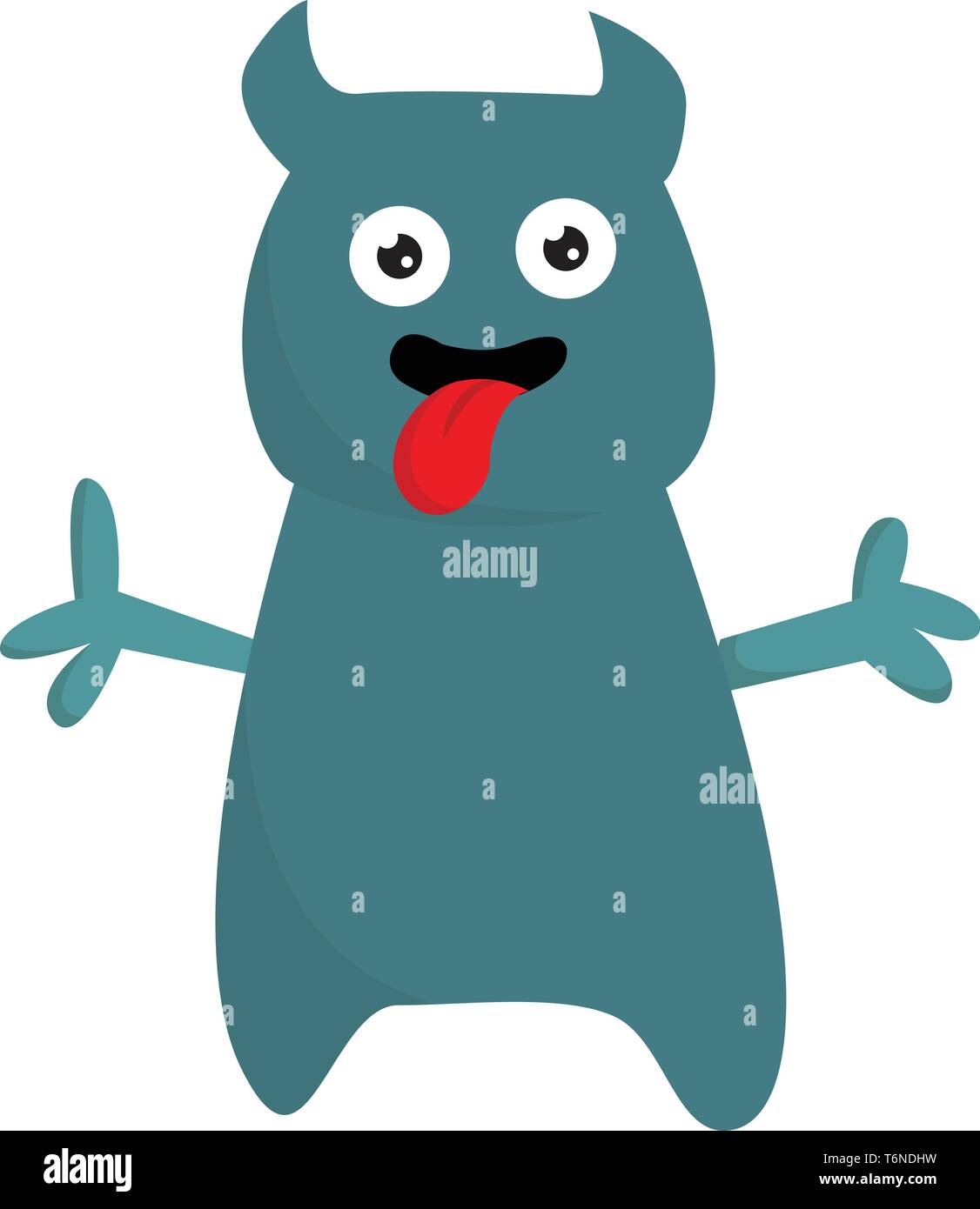 Cartoon funny blue monster con due gambe due mani due occhi ha allungato le braccia mentre la linguetta appendere fuori del vettore di disegno a colori o illustrazione Illustrazione Vettoriale