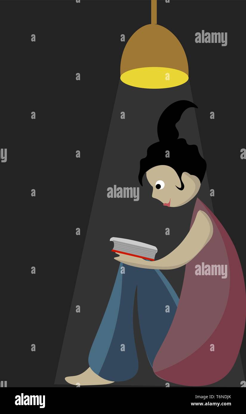 Ritratto di una ragazza in posizione accovacciata la lettura di un libro sotto la sospensione gialla lampada luce di vettore di disegno a colori o illustrazione Illustrazione Vettoriale