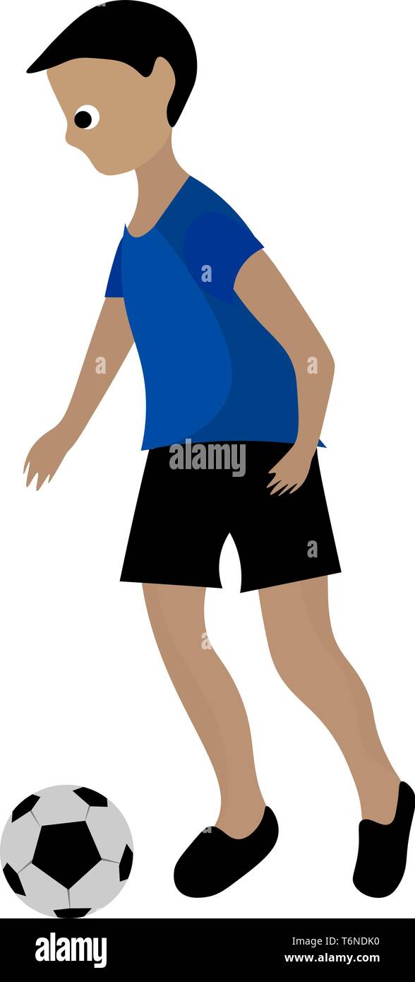 Clipart di un piccolo ragazzo in una maglietta blu marrone pantaloni e scarpe nere è in corso di riproduzione con il pallone da calcio del vettore di disegno a colori o illustrazione Illustrazione Vettoriale