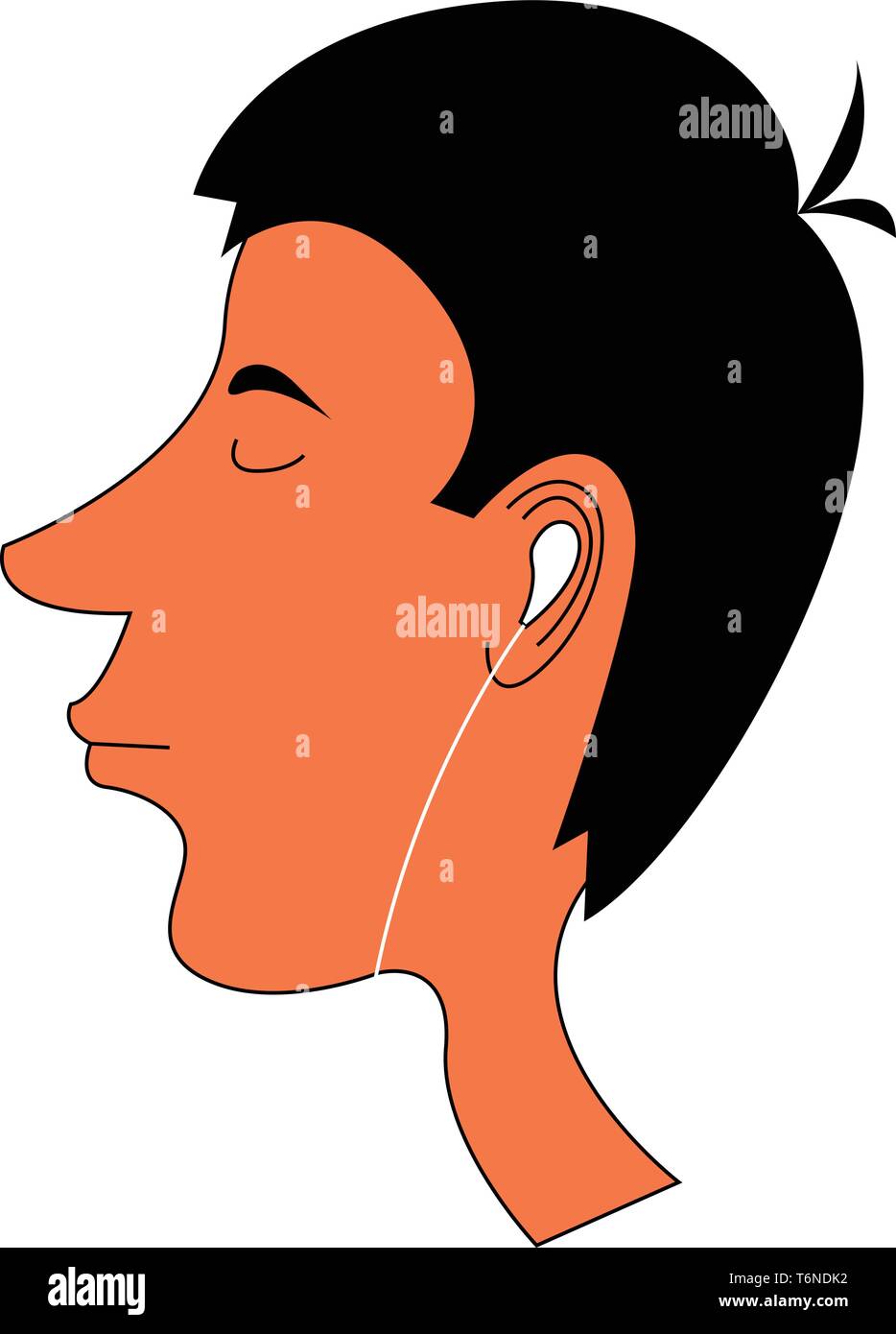 Cartoon skinny boy con un divertente di acconciatura con poche ciocche di capelli legati insieme al centro della sua testa e godersi la musica dal suo vect auricolari Illustrazione Vettoriale