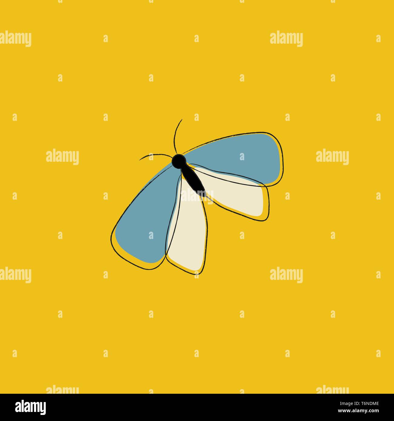 Ritratto di una farfalla con un sottile corpo nero blu e bianco e forewings hindwings due antenne è strisciando su sfondo giallo vettore c Illustrazione Vettoriale