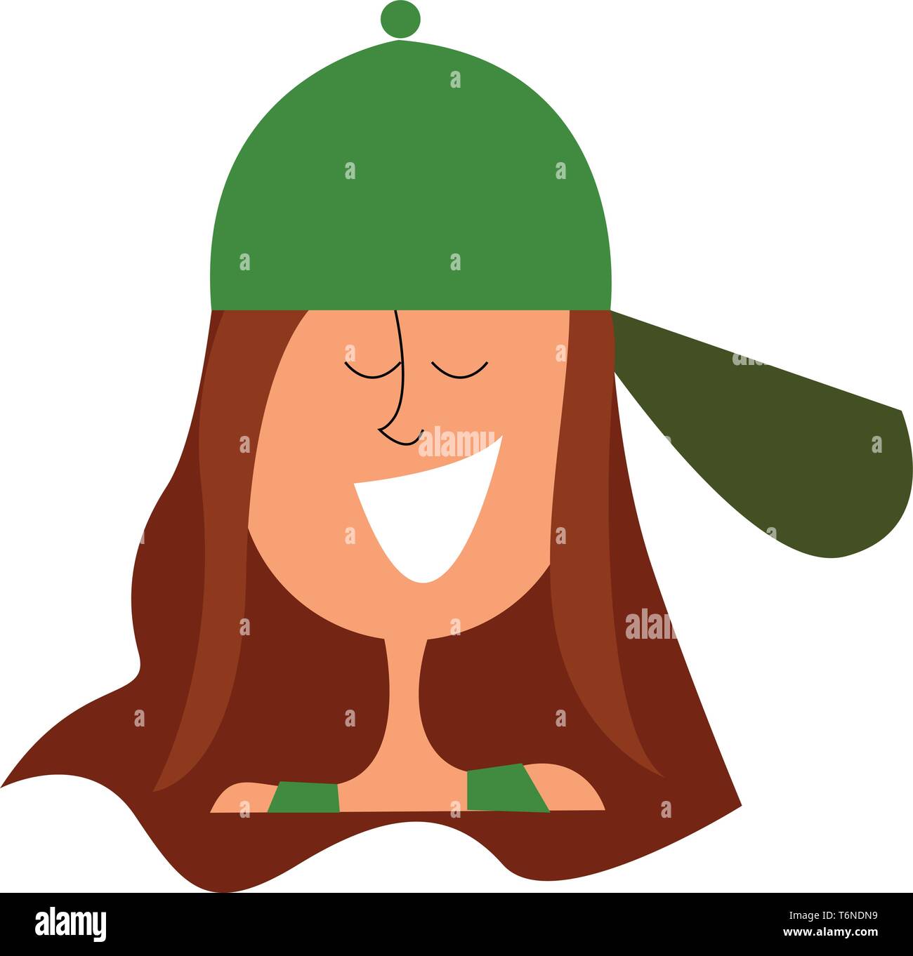 Clipart di una ragazza in verde top senza maniche indossa un cappello verde lateralmente e con gli occhi chiusi è ridere vettore di disegno a colori o illustrazione Illustrazione Vettoriale