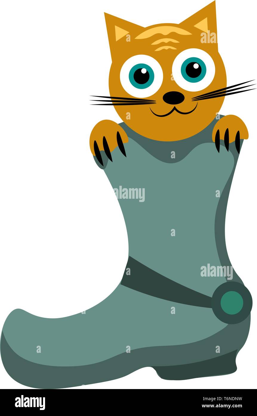 La pittura di un gatto marrone sbirciando al di fuori del blu stivali ha un sorridente affacciata e sembra divertente vettore di disegno a colori o illustrazione Illustrazione Vettoriale