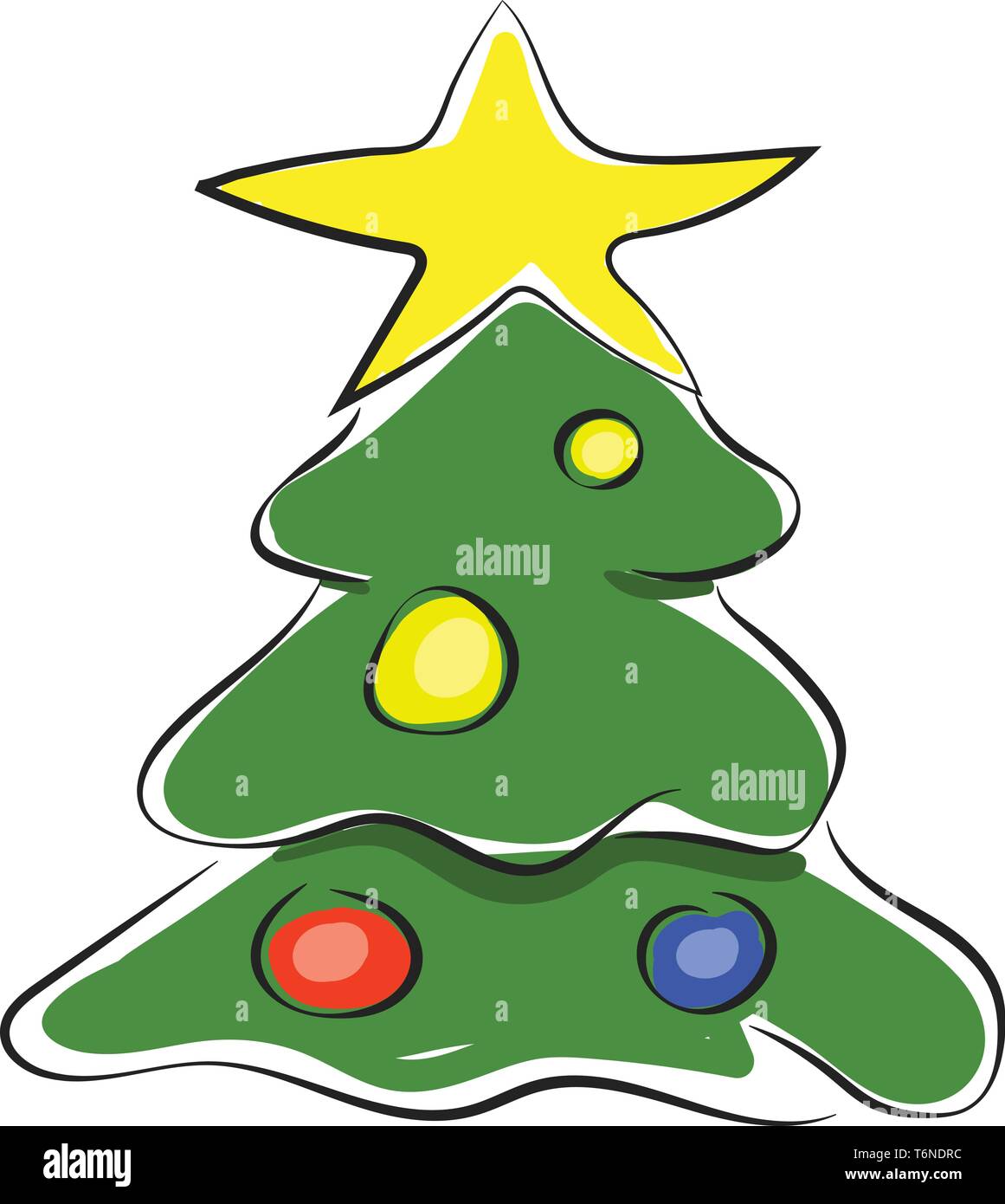 La pittura di un altamente decorate albero di Natale con luci colorate e sormontata da una stella d'oro del vettore di disegno a colori o illustrazione Illustrazione Vettoriale