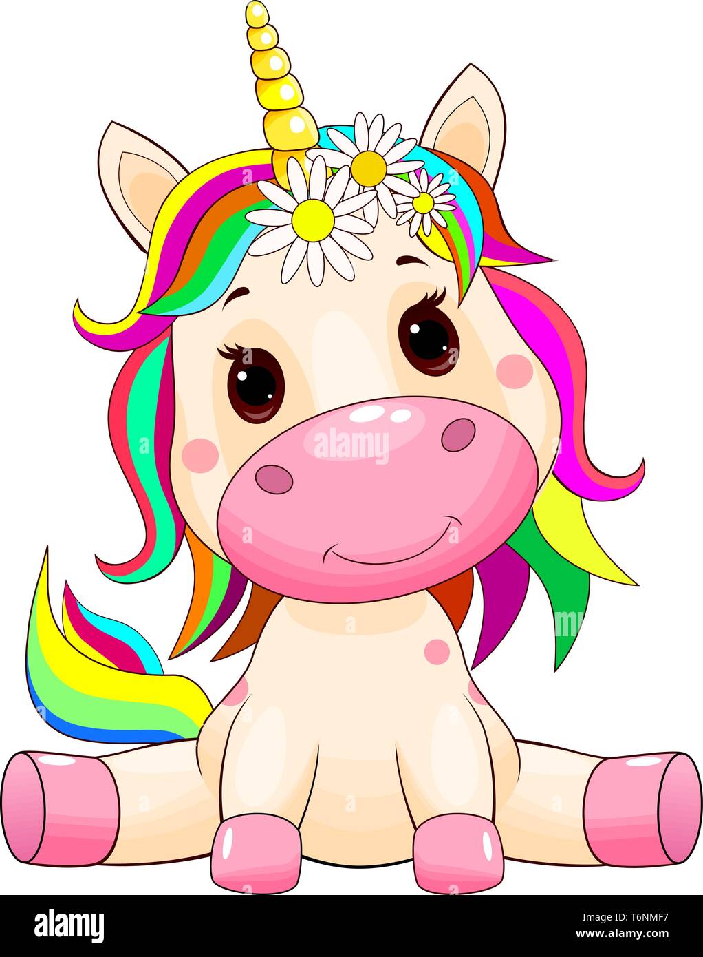 Poco unicorn con un multi-colore criniera e coda su bianco. Illustrazione Vettoriale