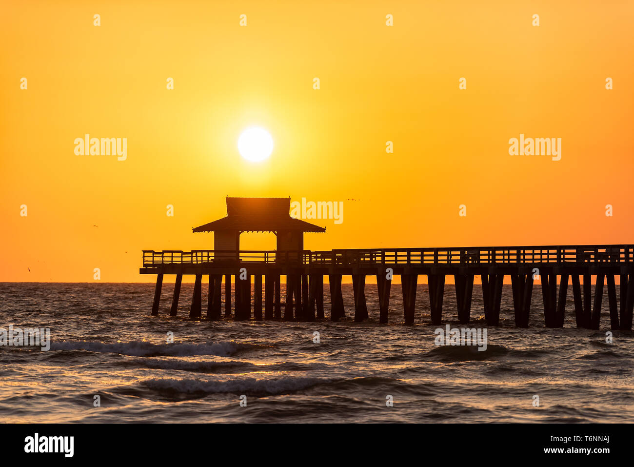 Naples, Florida giallo arancione tramonto closeup nel golfo del Messico con il sole e il Molo Jetty di legno silhouette con orizzonte e le onde del mare Foto Stock