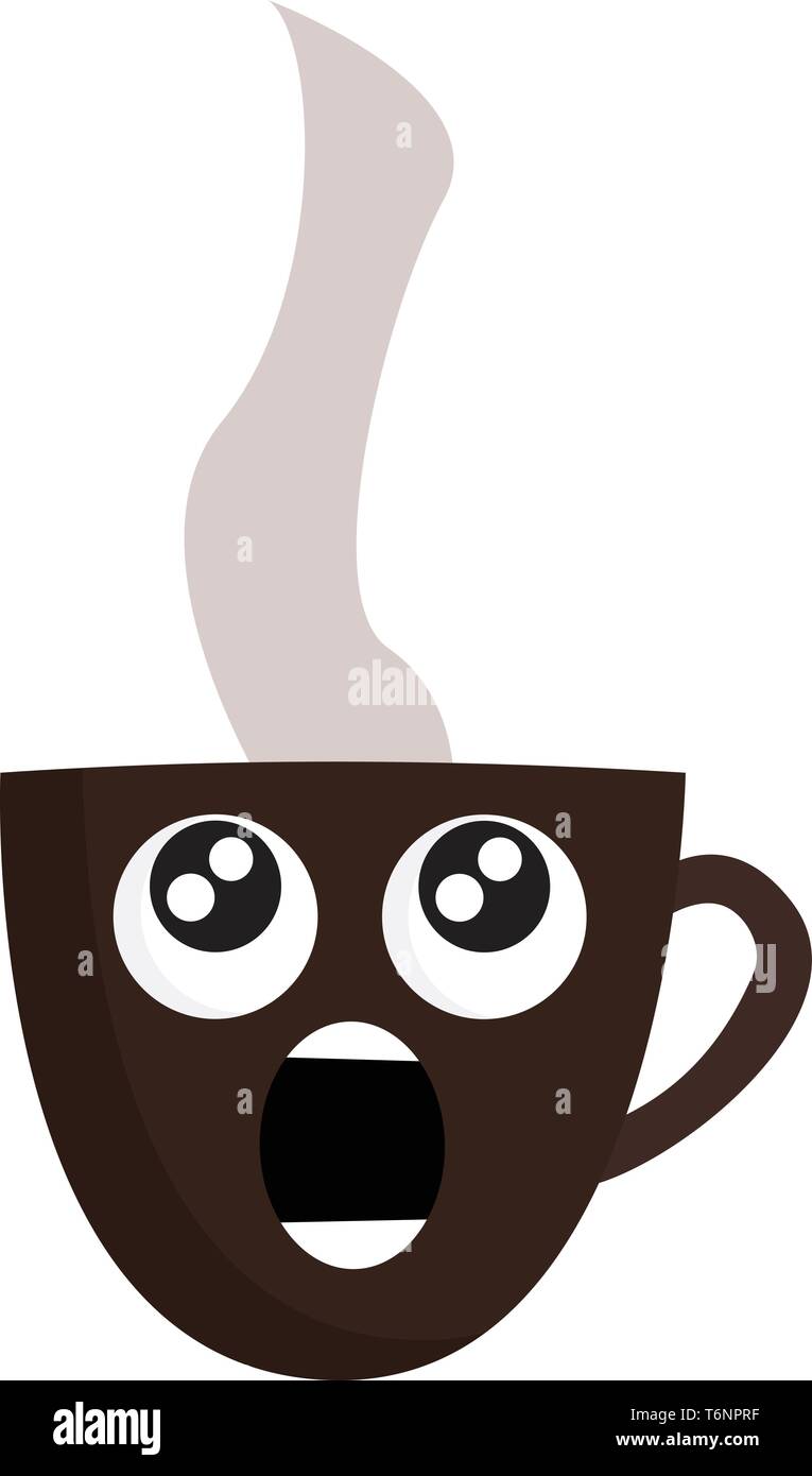 Gli Emoji di un sorprendente caldo marrone fumante tazza di caffè con due occhi e bocca aperta del vettore di disegno a colori o illustrazione Illustrazione Vettoriale
