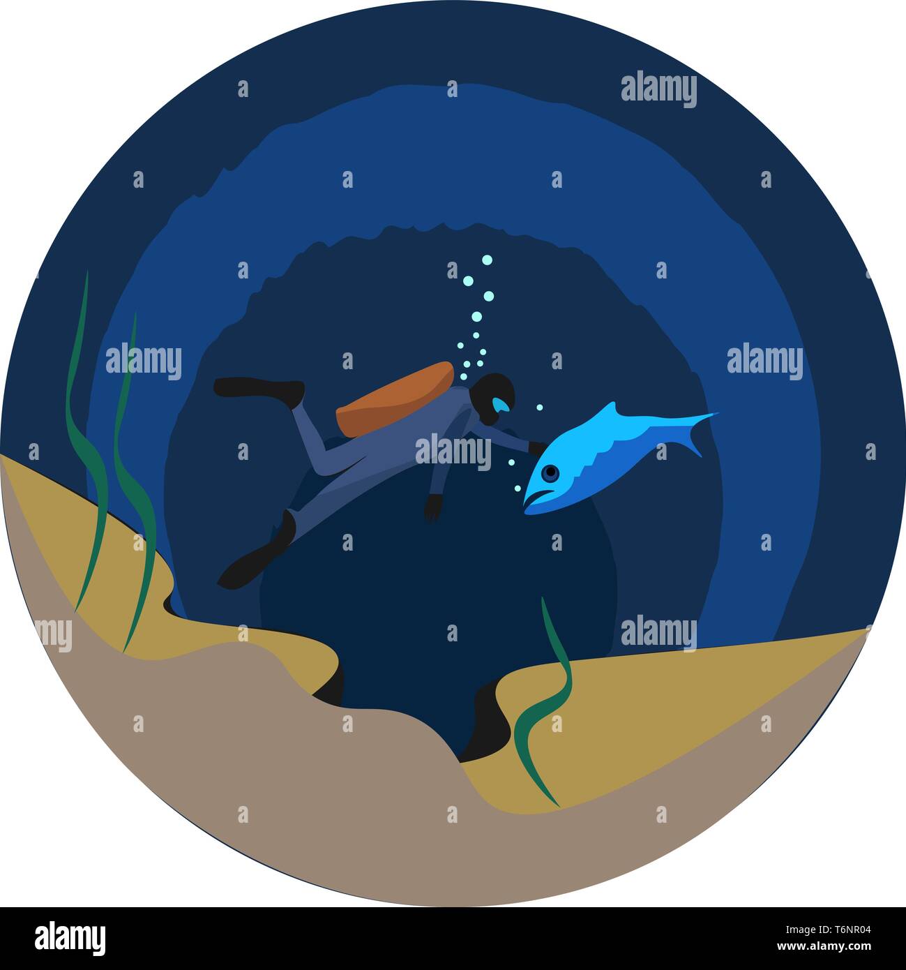 Ritratto di un uomo le immersioni in fondo al mare e toccando un grande pesce azzurro del vettore di disegno a colori o illustrazione Illustrazione Vettoriale