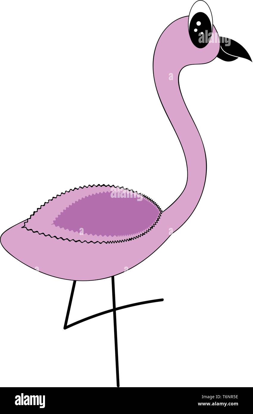 Cartoon flamingo bird in color porpora in piedi in un piede sembra carino e vettore di incantevole colore disegno o illustrazione Illustrazione Vettoriale