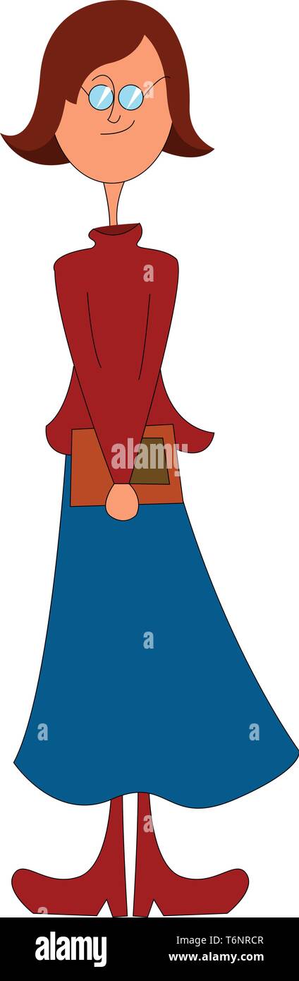 Un alto e skinny ragazza in un lungo colorato di blu mantello maglione marrone stivali rossi occhiali tenendo un brown book davanti la sua vita vettore dr colore Illustrazione Vettoriale