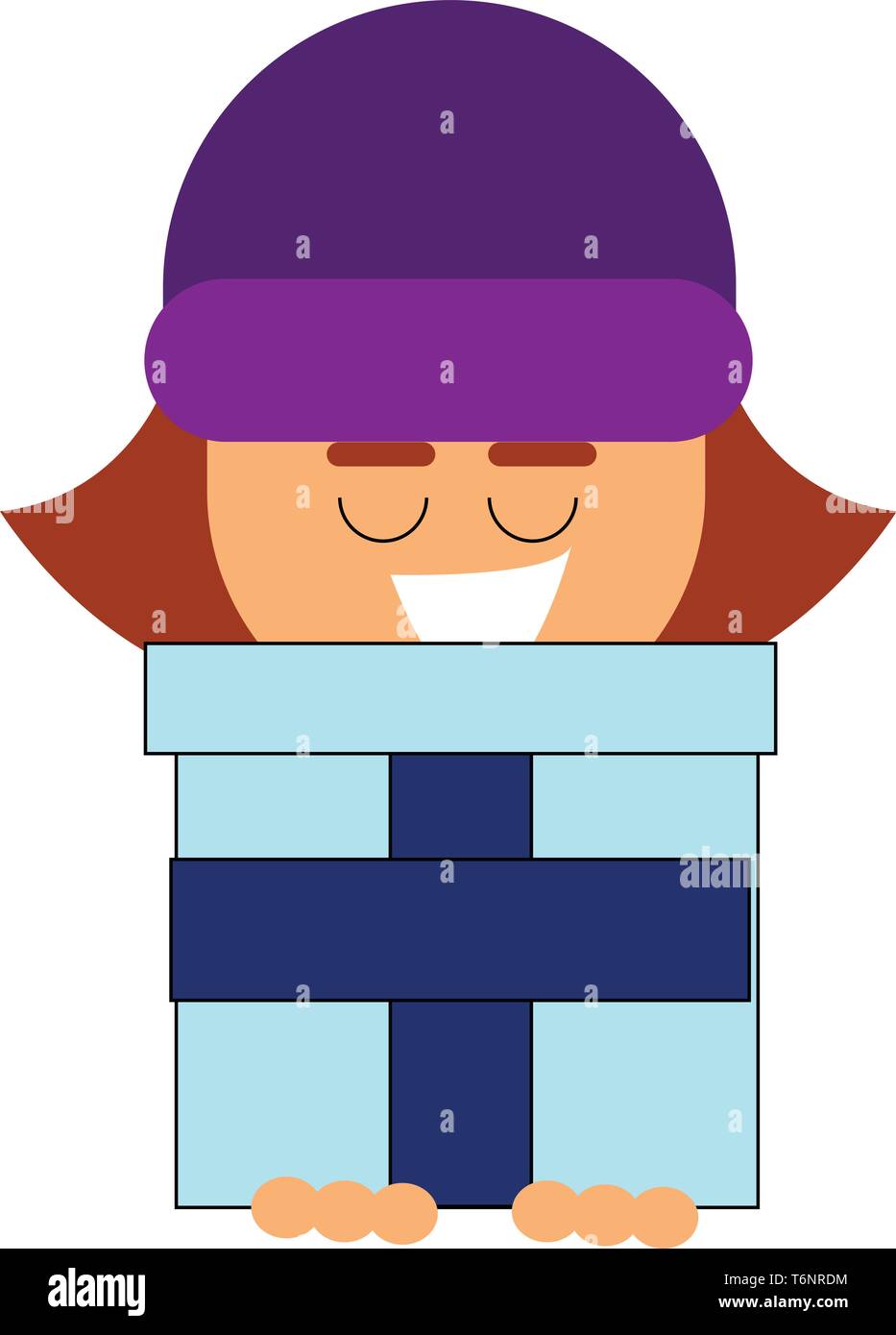 Clipart di una bambina tenendo un blue box regalo legato con un nastro di colore blu nella sua mano come ella si piega in avanti con gli occhi chiusi e ridere il vettore c Illustrazione Vettoriale