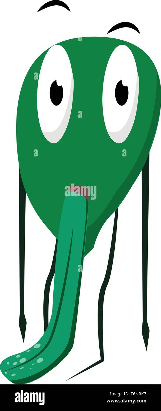 Cartoon mostro verde ha una lunga lingua pensile fluttuanti al fondo permanente, mentre appare sorprendentemente con due occhi sporgenti vettore di assorbimento del colore Illustrazione Vettoriale