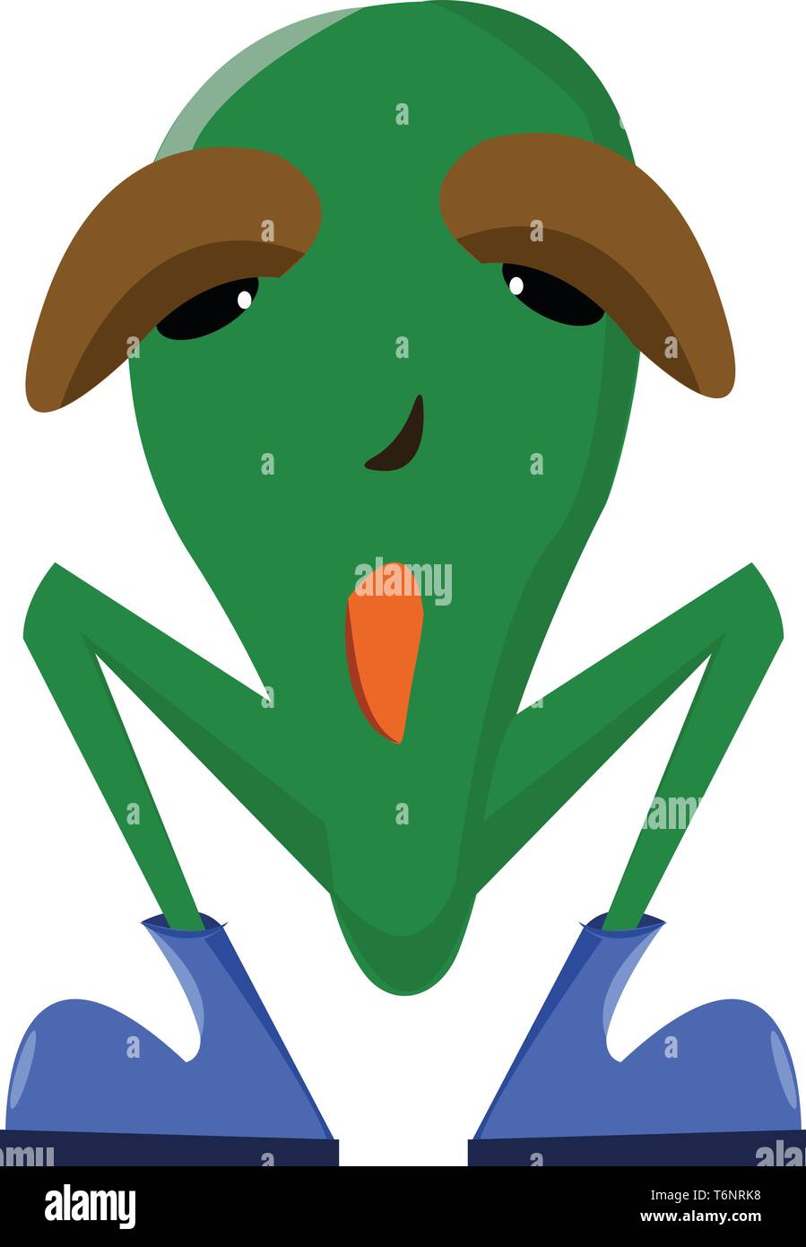 Cartoon mostro verde con sopracciglia marrone arancione bocca è con un espressione smirk mentre si trova in una posizione di squat con scarpe blu il colore del vettore o di disegno Illustrazione Vettoriale