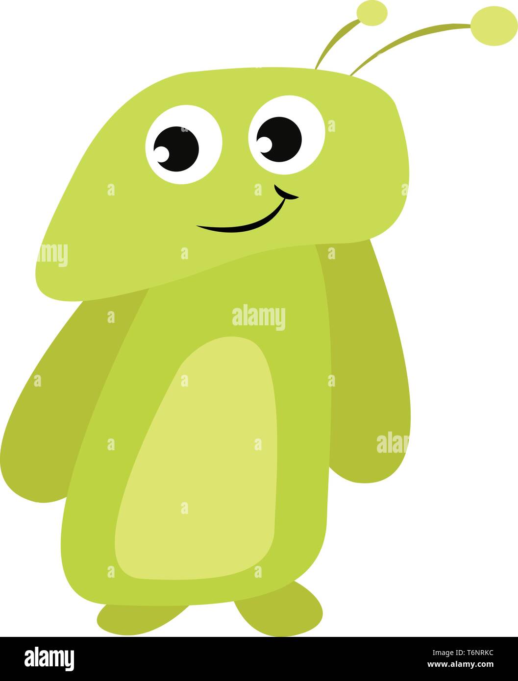 Cartoon funny mostro verde con due corna occhi laminati ha lasciato un sorriso chiuso mentre il vettore permanente il colore di disegno o illustrazione Illustrazione Vettoriale