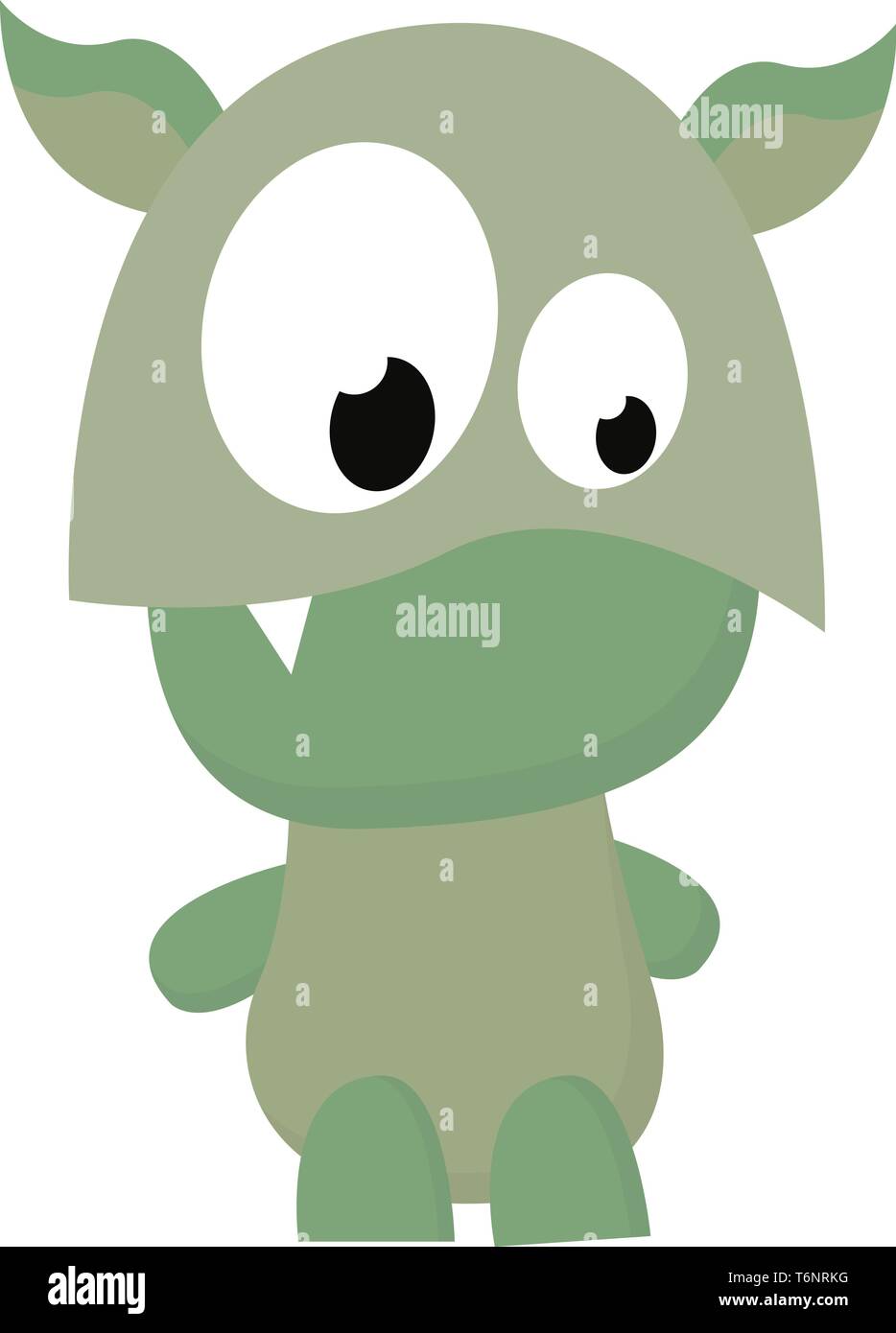 Cartoon funny mostro verde con un dente di fang due corna occhi arrotolato diritto-fondo guarda sgomento mentre il vettore permanente il colore di disegno o illustrat Illustrazione Vettoriale