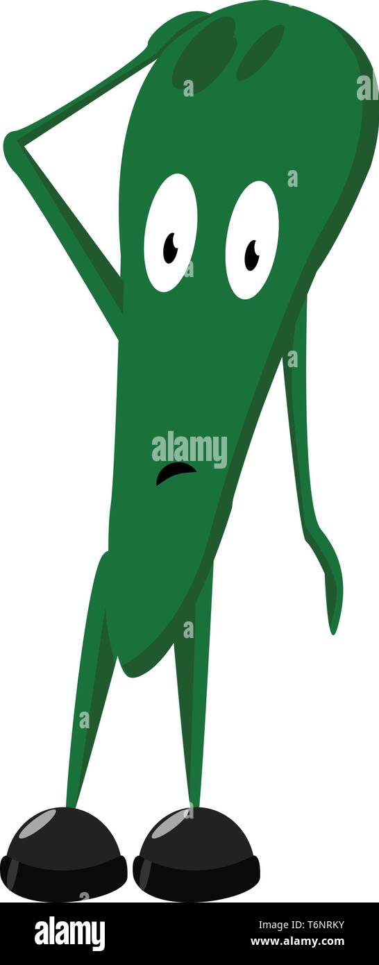 Cartoon funny mostro verde con scarpe nere guarda sgomento mentre graffiare il suo vettore di testa il colore di disegno o illustrazione Illustrazione Vettoriale