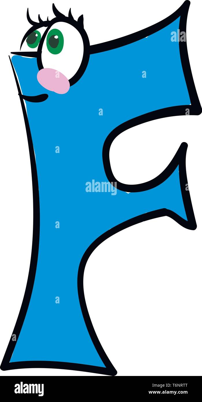 Un colorato di blu una creatura in ordine alfabetico o figurine che rappresentano l'alfabeto F con due occhi blu ha un sorriso chiusa ruotando fino alla guancia vettore di co Illustrazione Vettoriale