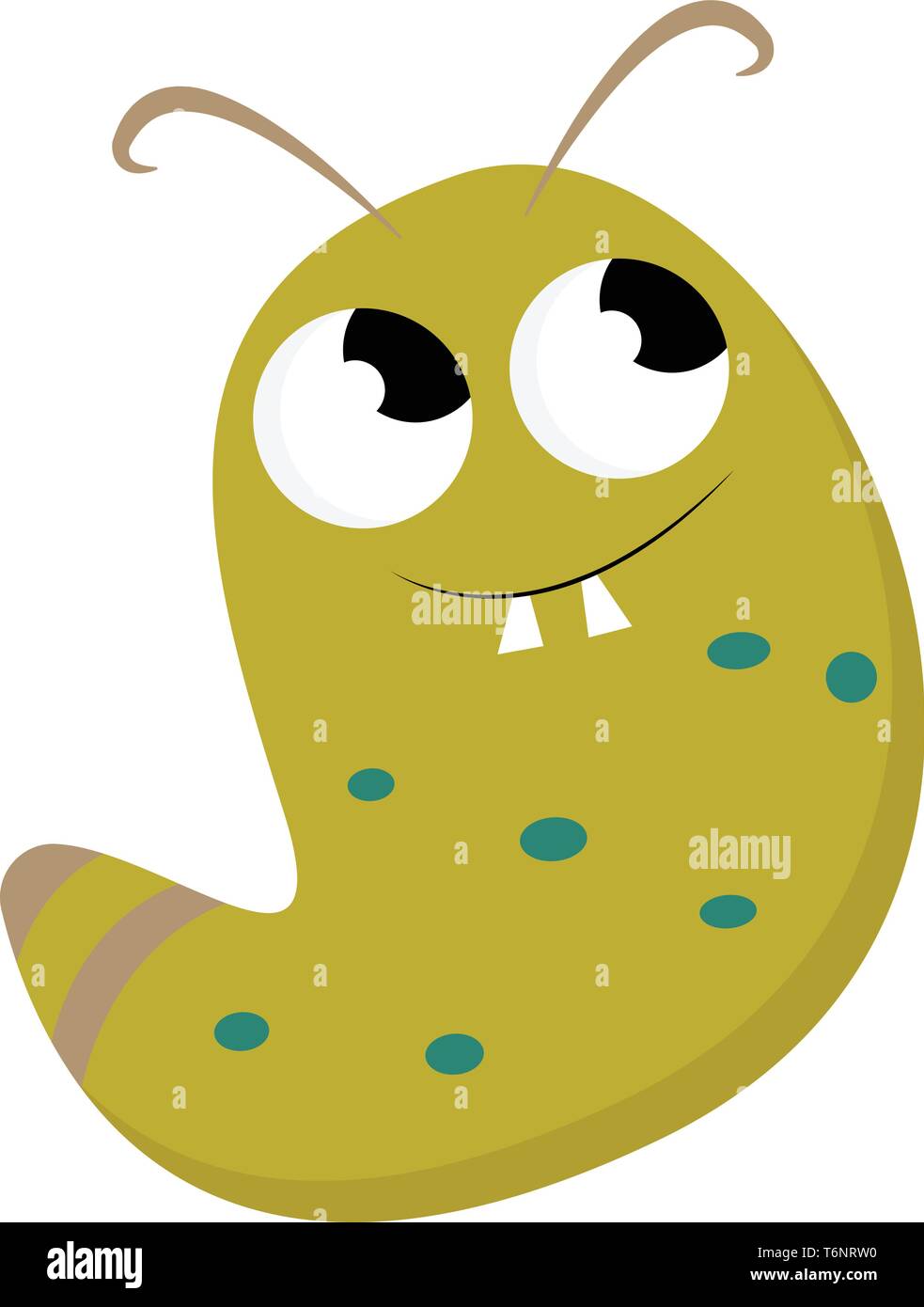 Clipart di un felice mostro verde con due occhi sporgenti arrotolato a sinistra due corna e due white fang denti esposti sembra felice vettore di disegno a colori o i Illustrazione Vettoriale