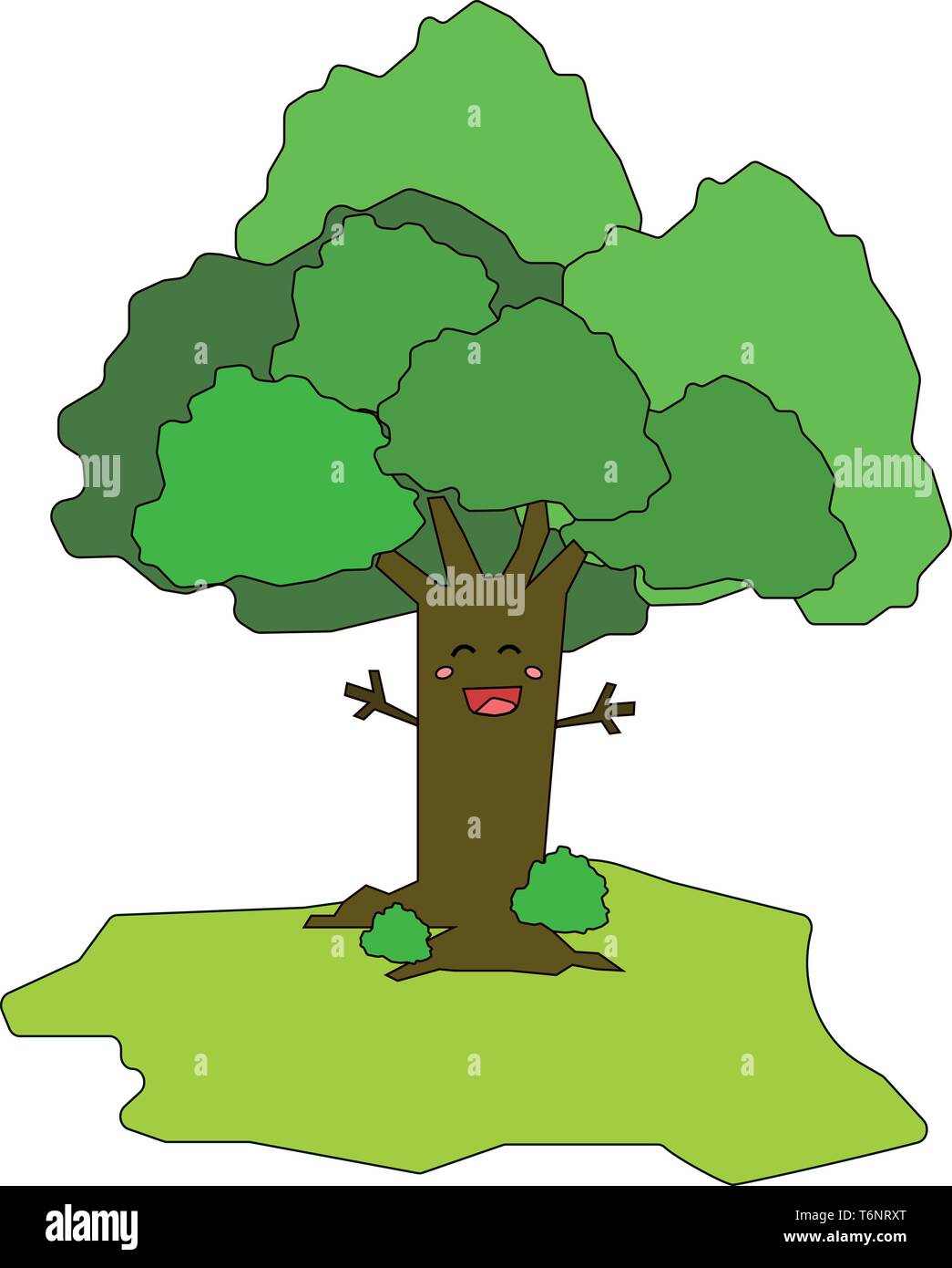 Cartoon funny tree con il suo tronco avente una bocca due occhi e due mani ha allungato le sue mani che esprimono la felicità del vettore di disegno a colori o illus Illustrazione Vettoriale