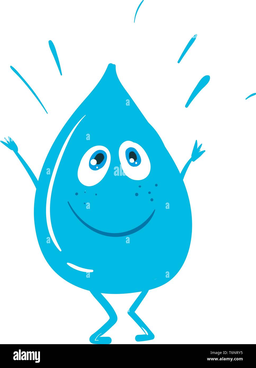 Cartoon colorato di blu acqua goccia con un bianco punto esclamativo ha due occhi blu stick-come le mani e i piedi è sorridere mentre permanente di colore del vettore Illustrazione Vettoriale