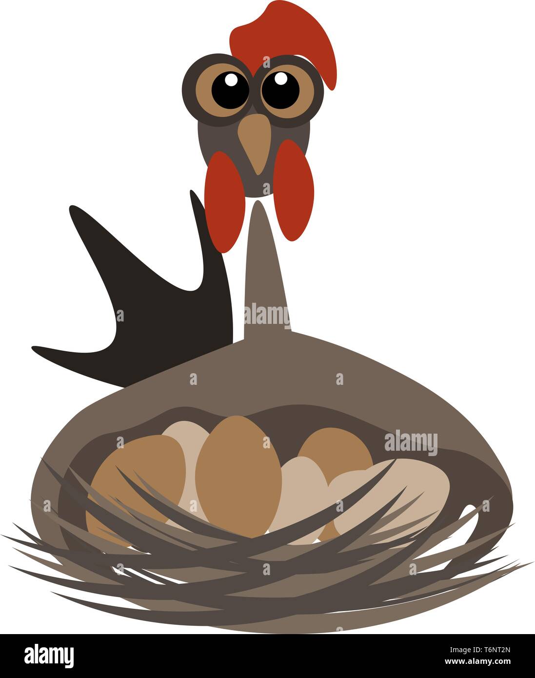 Cartoon funny hen marrone con tanto di coda di cresta e bargiglio in colore rosso è il nido contenenti pochi marrone e bianco uova colorate colore vettoriale disegnare Illustrazione Vettoriale