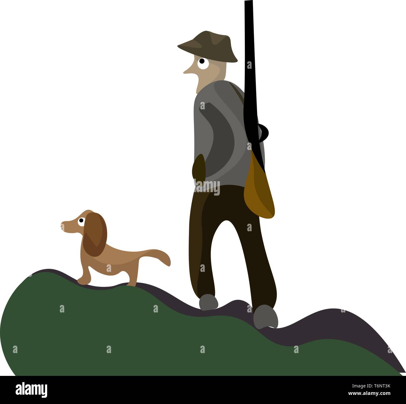 Un ritratto di un cacciatore che porta una pistola e camminare insieme con il suo cane su un vettore di foresta il colore di disegno o illustrazione Illustrazione Vettoriale