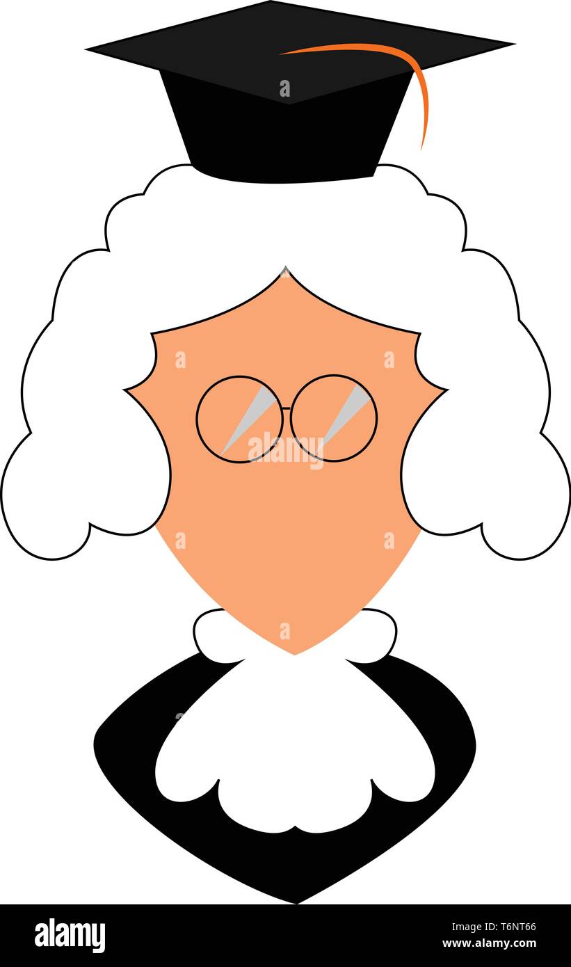 Cartoon giudice con una veste nera tirante bianco intorno al suo collo bicchieri senza tempio o telaio parrucca bianca e una cappa nera sembra divertente vettore dra a colori Illustrazione Vettoriale