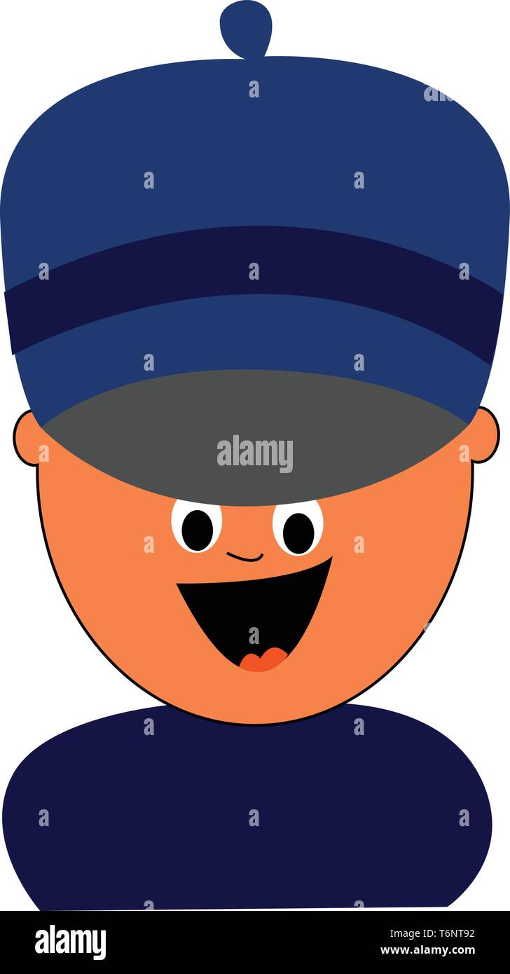 Cartoon boy in un costume blu e un grande colorato di blu hat occhi rotolato giù e la linguetta bloccata fuori sembra felice mentre ridono vector il colore di disegno o Illustrazione Vettoriale