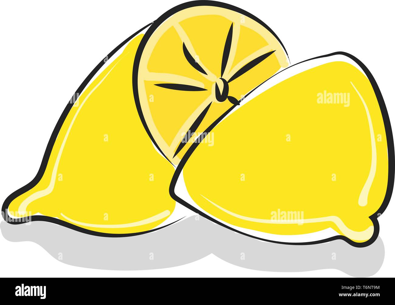 Clipart di un limone intero tagliato in due metà disuguali è tutto pronto per essere compresso in una tazza di gustoso succo di limone vettore di disegno a colori o illustratio Illustrazione Vettoriale