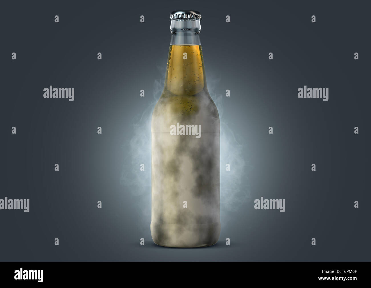 Un freddo gelido vetro chiaro bottiglia di birra coperto di brina e ghiaccio trasudato sublimazione isolato su un buio di sfondo per studio - 3D render Foto Stock