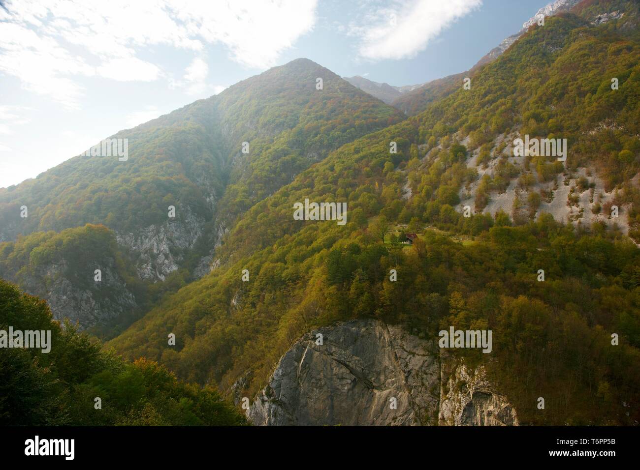 Fattoria appartata nelle Alpi Giulie, Bovec, Slovenia, Europa Foto Stock