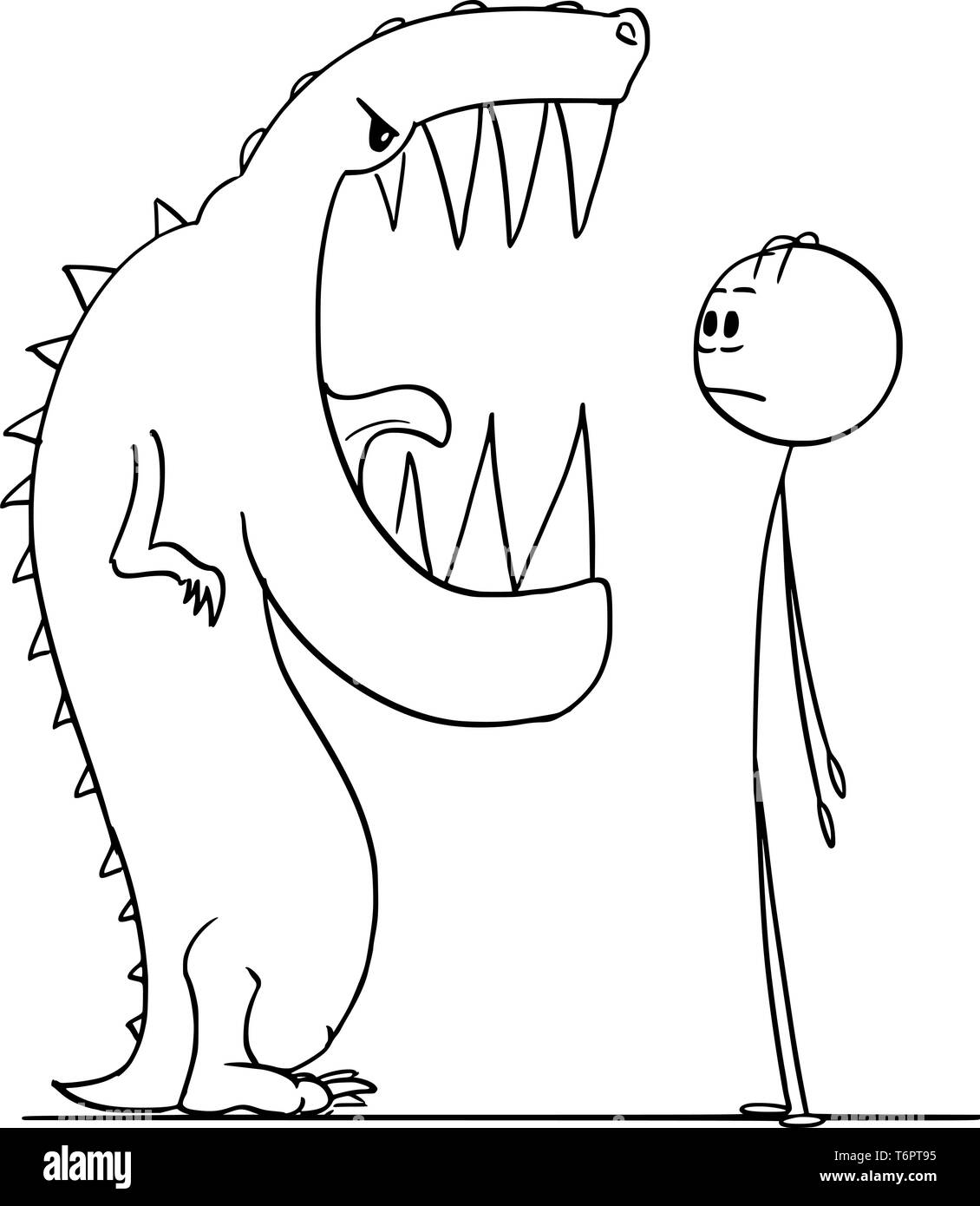 Cartoon stick figura disegno illustrazione concettuale di uomo scioccato la visione di grandi denti in bocca di pericolose lizard mostro. Illustrazione Vettoriale