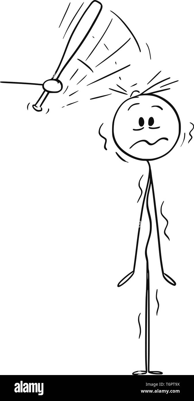Cartoon stick figura disegno illustrazione concettuale della mano che tiene il baseball bat battendo uomo o imprenditore in testa. Illustrazione Vettoriale