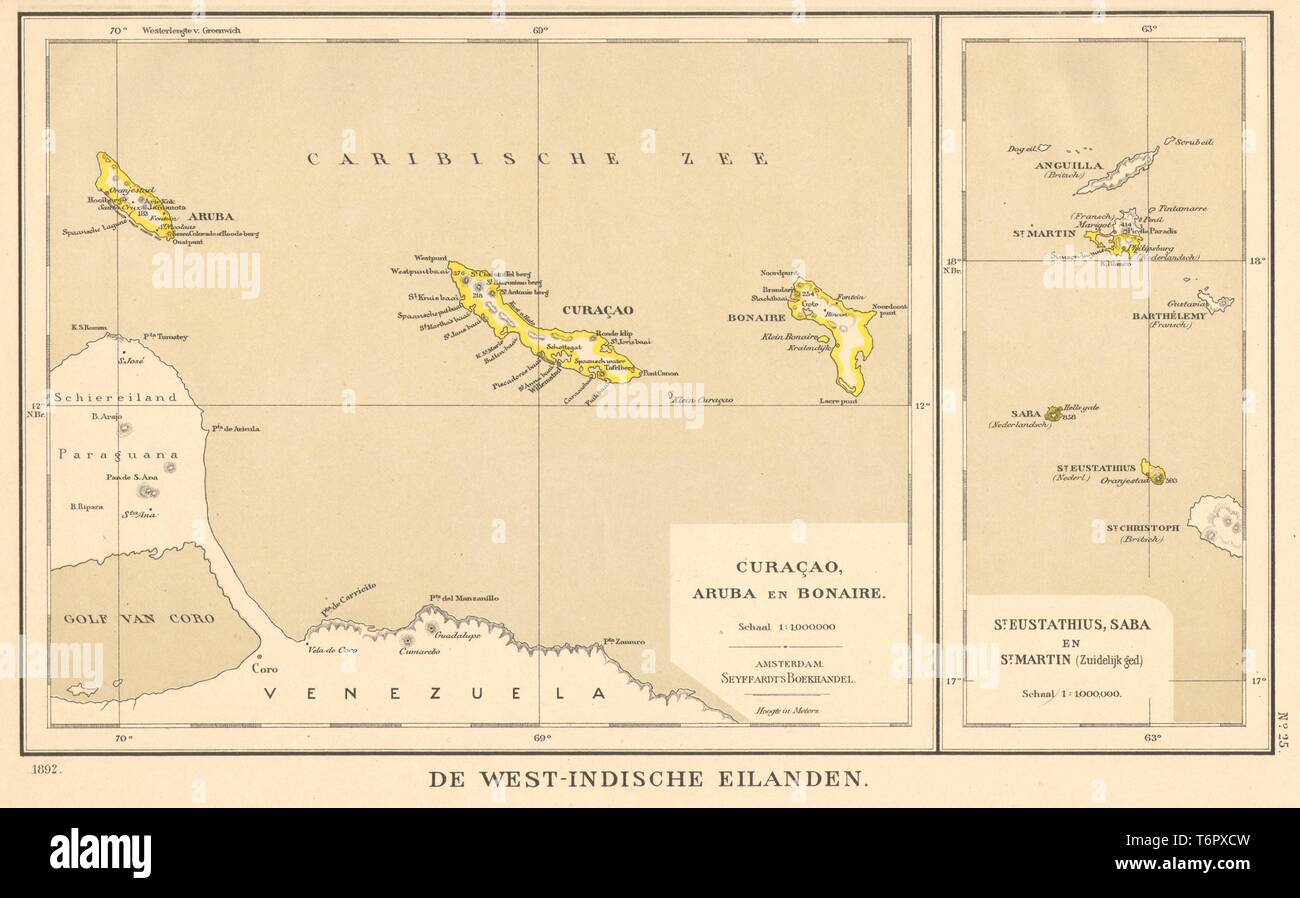 DUTCH WEST INDIES Aruba Curacao Bonaire St Martin Maarten DORNSEIFFEN 1902 mappa Foto Stock