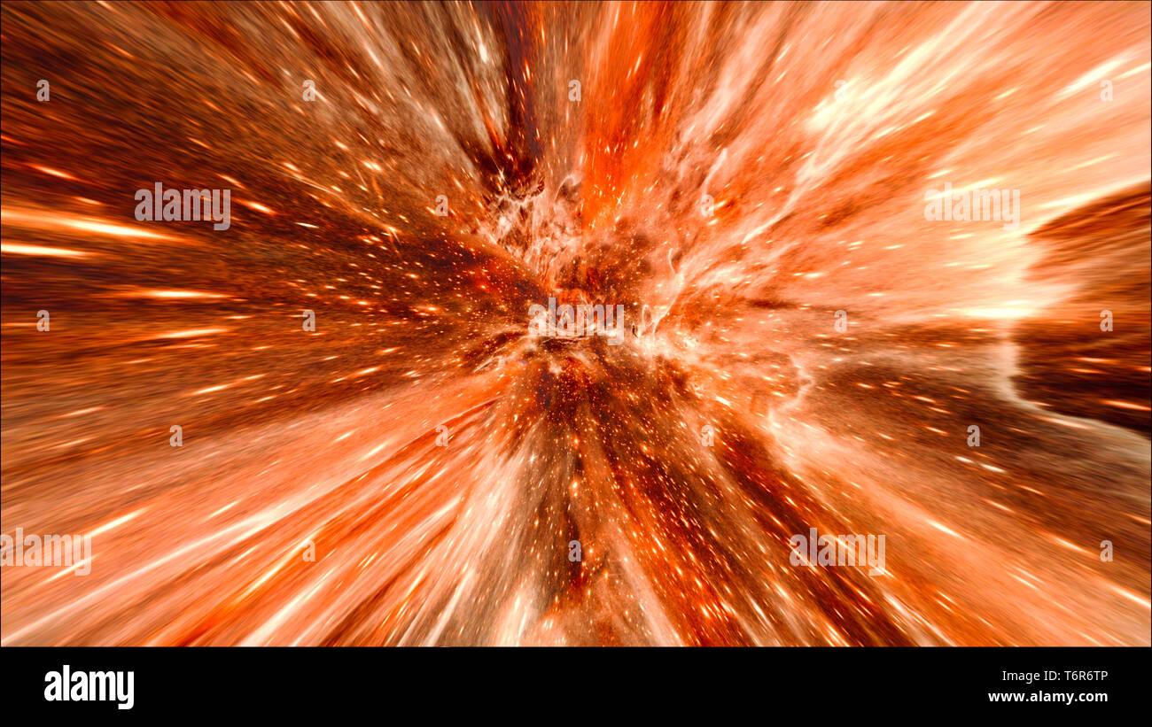 Interstellare, tempo di viaggio e hyper jump nello spazio. Volare attraverso il wormhole tunnel o astratto vortice di energia. Singularity, onde gravitazionali e spac Foto Stock