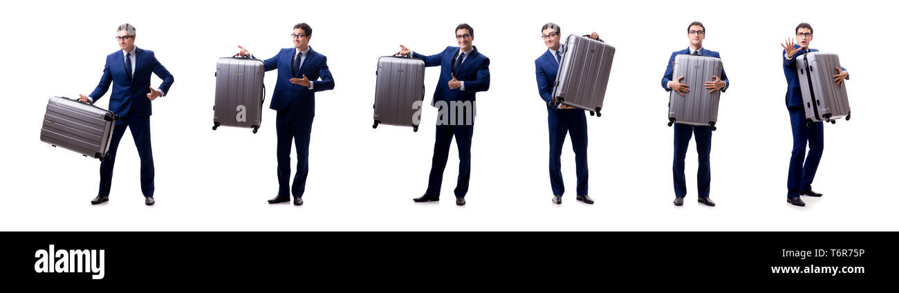 Giovane imprenditore con valigia isolati su sfondo bianco Foto Stock