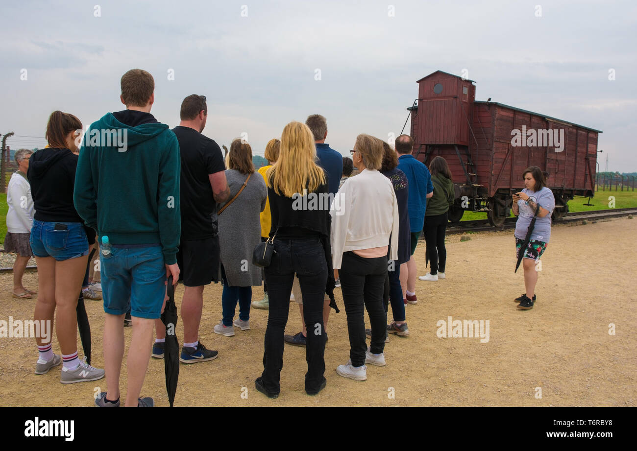 Oswiecim, Polonia - 11 luglio 2018. Un gruppo di tour folle attorno alla loro guida come ella spiega circa il vagone del treno sulla piattaforma di scarico al Birk Foto Stock