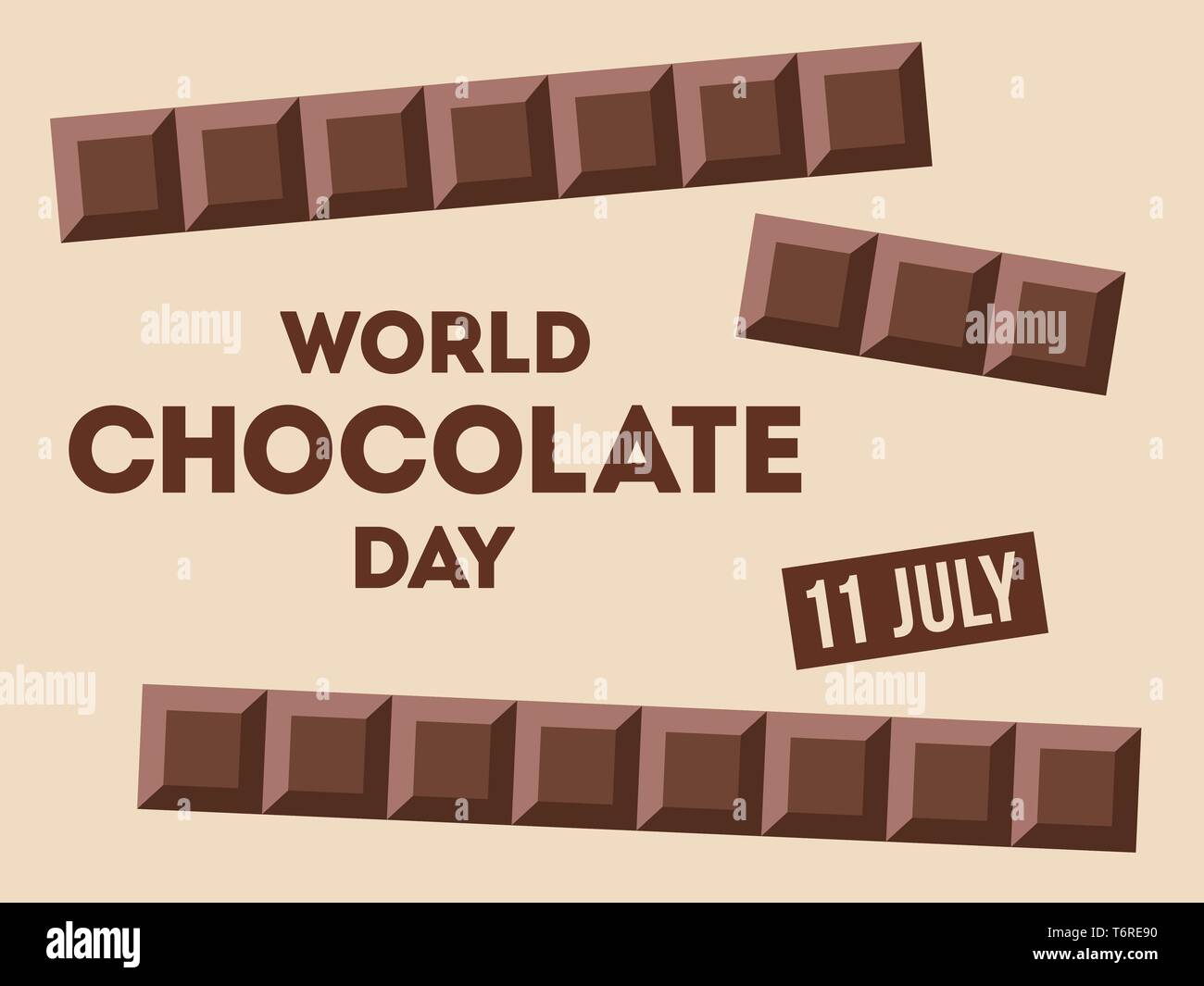 World Chocolate giorno.11 luglio. Barre Сhocolate con testo. Design per poster, striscioni, biglietto di auguri. Vettore Illustrazione a colori. Illustrazione Vettoriale