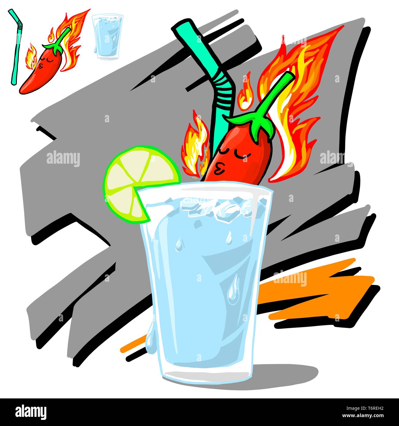 Chili con fuoco bruci in acqua di ghiaccio vetro come piscina Illustrazione Vettoriale